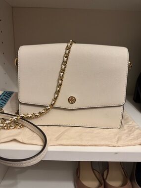Tory Burch Cream Saffiano Leather Chain-Trim Crossbody